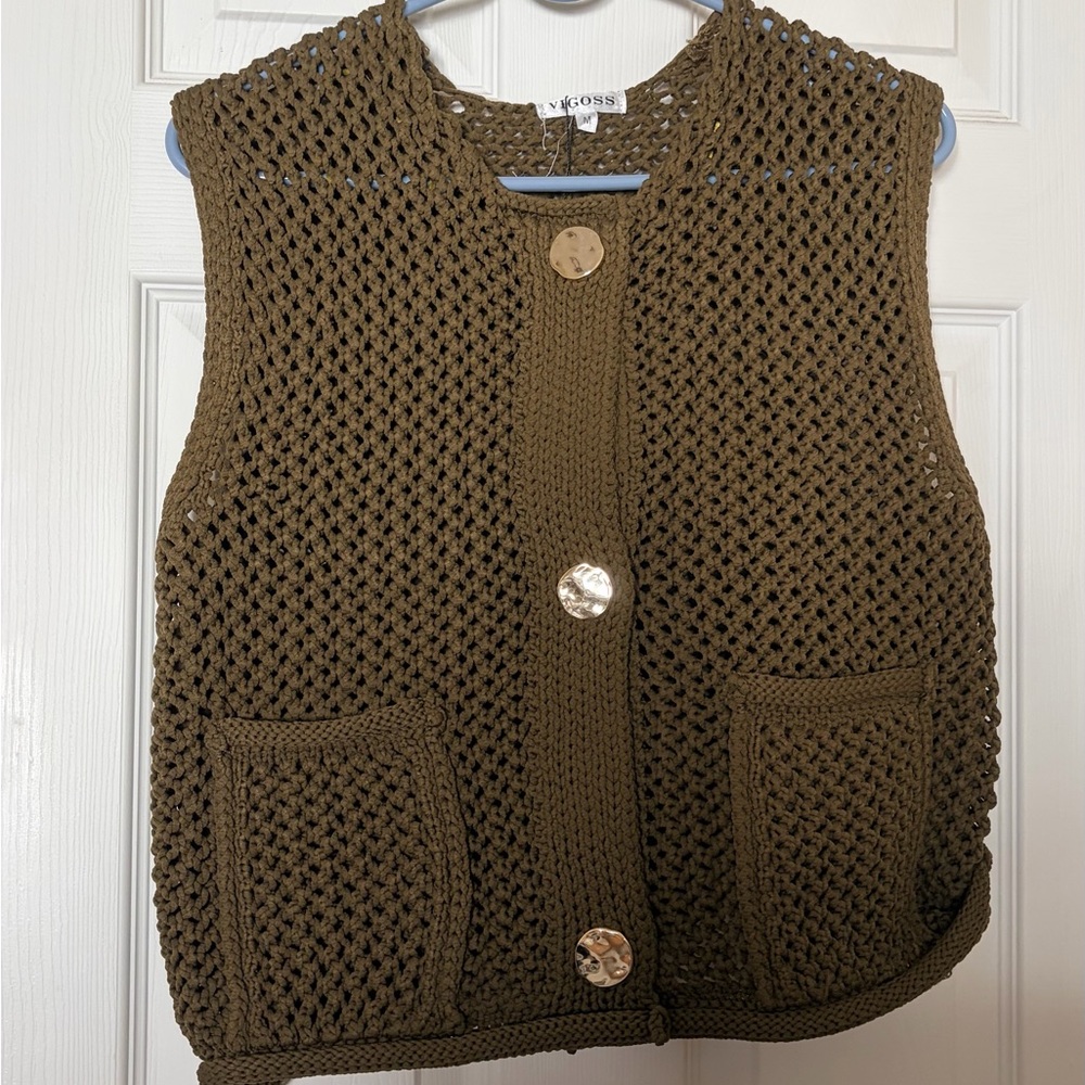 Vigoss Olive Knit Vest with Gold Button